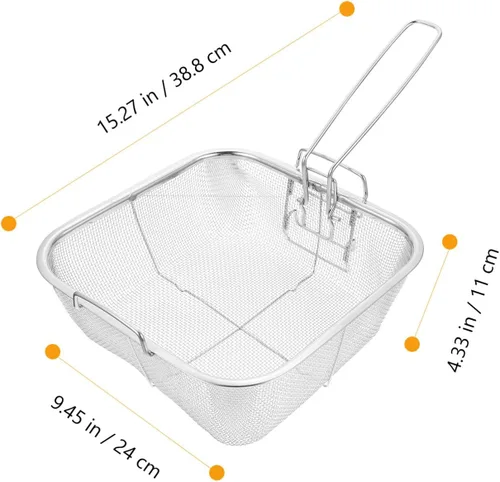 Vista 6 de Hemoton - Cesta cuadrada de acero inoxidable con asa de 15.27 x 9.44 x 4.33 pulgadas para papas fritas, drenaje de aceite, freidora de cocina, olla
