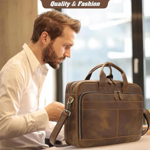 Vista 2 de Jack&Chris Full Grain Leather Briefcase for Men, Business Messenger Bag Laptop Bag Attache Case, Fits 15.6 Inch Laptop