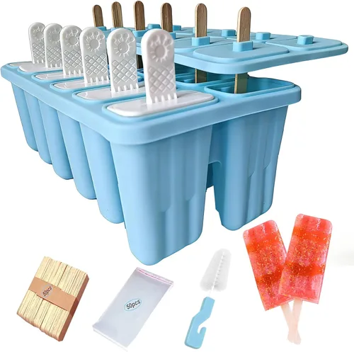 Vista 11 de Moldes de silicona para paletas con palillos, 6 cavidades, molde para helado con cepillo limpio, 6 palitos reutilizables, 50 palitos, 50 bolsas Azul