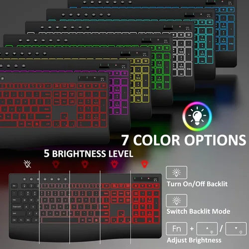 Vista 3 de Combo de teclado y mouse inalámbricos, 9 efectos retroiluminados, teclado retroiluminado recargable de 4000 mAh con reposamuñecas, mouse de 6