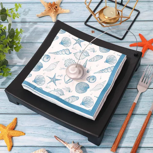 Vista 3 de AnyDesign Paquete de 100 servilletas de almuerzo de concha de mar, conchas de océano azul, conchas de playa, servilletas de papel desechables