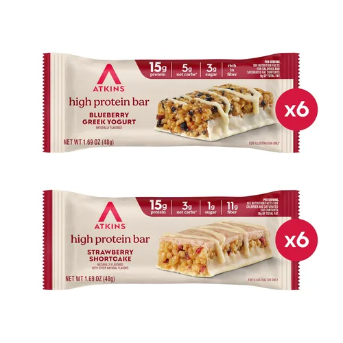 Vista 3 de Atkins Barrita de yogur griego de arándanos y fresas con alto contenido de proteínas, alta fibra, apta para dieta cetogénica, 12