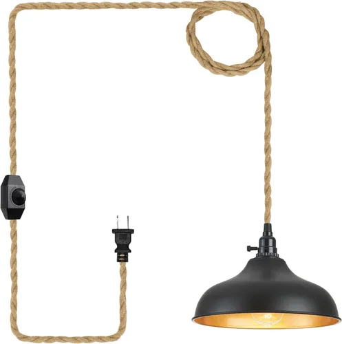 Vista 12 de Luces Colgantes Enchufables Lámpara Colgante de Cúpula Martillada con Interruptor Regulable Cuerda de Cáñamo de 15 Pies de Largo Luz Colgante