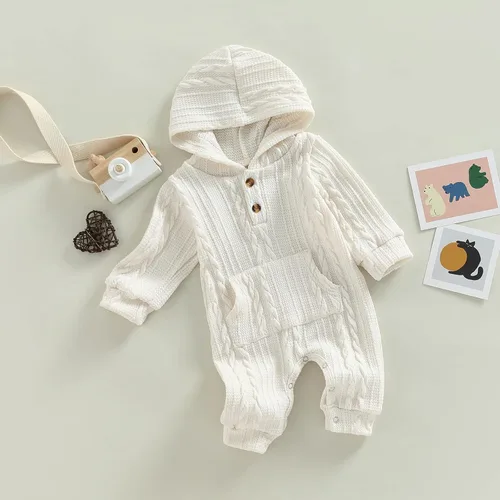 Vista 16 de Suéter de punto para niños y niñas, mameluco de manga larga con capucha y bolsillo