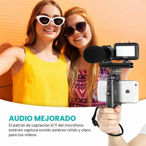 Vista 4 de Movo Vlog Kit V7 - Kit de inicio de YouTube con agarre, micrófono estéreo, luz e inalámbrico Kit de vlogging remoto para iPhone, Android - Kit
