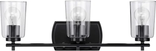 Vista 2 de Progress Lighting Adley Collection - Lámpara de tocador de baño tradicional con 3 luces, de cristal transparente, color negro mate, 7-5/8 x 23 Mate