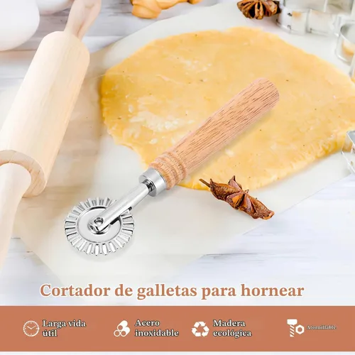 Vista 2 de SHANGSKY Rueda cortadora de repostería, rueda de corte de ravioles con mango largo de madera, cortador de pasta, bola de masa para hacer encaje