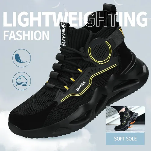 Vista 5 de LAoutun Zapatos de punta de acero para hombre, zapatos de construcción industrial, de corte medio, botas industriales, zapatos de trabajo cómodos