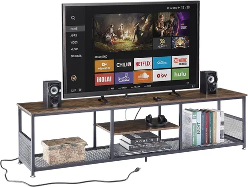 Vista 15 de VECELO Soporte de TV con tomas de corriente para televisores de hasta 65 pulgadas, centro de entretenimiento multimedia de 55" con estación