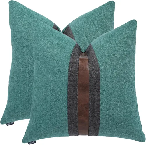 Vista 13 de Juego de 2 fundas de almohadas decorativas de cuero, decoración de exteriores, lino con parches, almohadas de cuero sintético marrón, funda