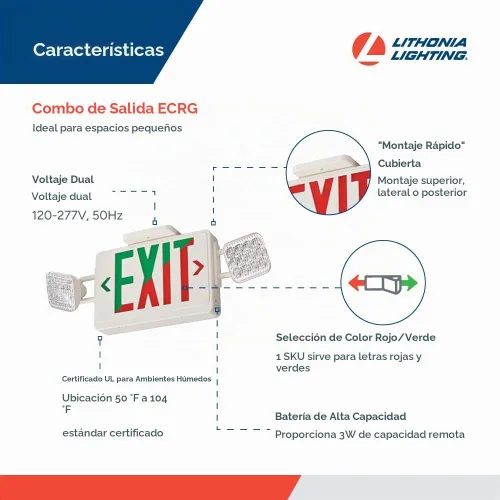 Vista 3 de Señal de salida LED básica de Lithonia Lighting/combo de luz de emergencia, señal de salida y luces de emergencia conmutables rojo/verde