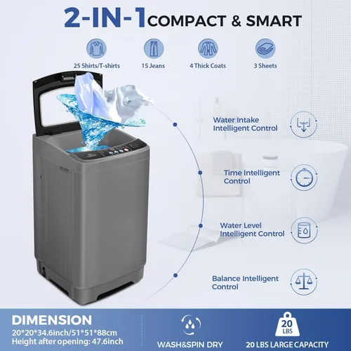 Vista 2 de Nictemaw Portable Washing Machine, 20Lbs Capacity, Dark Gray, Glass Cover Top Load Washing Machine, Large Capacity, 10 Programs and 8 Water Level