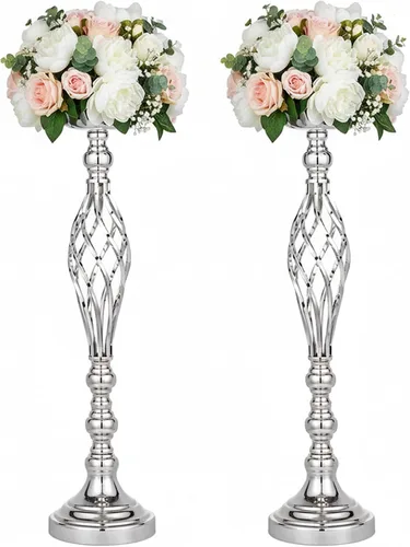 Vista 10 de 2 piezas de centros de mesa de boda para mesas de recepción, soportes de velas retorcidas, adornos, centros de mesa de metal con jarrón de flores