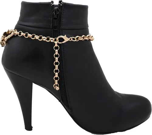 Vista 6 de Pulsera de botas de joyería para mujer, cadena de metal dorado, zapato alto, flor brillante, correa de encanto, boda nupcial, Metal