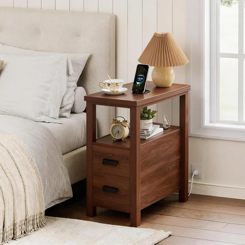 Vista 5 de Wood End Table Side Table Nightstand with 2 Drawer & USB Ports & Outlets 11.81in-brown