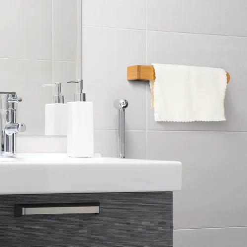 Vista 6 de Toallero de bambú autoadhesivo – Anillo de toalla de mano sin perforación, agarre fuerte, autoadhesivo, barra de toalla de baño, toallero de bambú