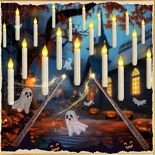 Vista 10 de Homemory Vela Flotante con Control Remoto de Varita, 12 Piezas Candelabros Mágicos Decoraciones de Bruja, Velas Cónicas Amarillas Cálidas Sin Llama