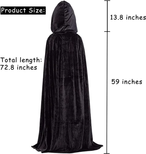 Vista 3 de Capa negra con capucha para Halloween de 59 pulgadas, capa larga de terciopelo para Halloween, disfraces de Halloween, accesorios de bruja de mago