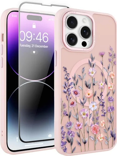 Vista 164 de Magnético para iPhone 13 con protector de pantalla [Compatible con MagSafe] Diseño de patrón floral de flores bonitas, funda delgada a prueba