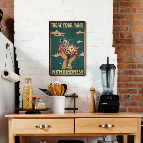 Vista 2 de Letrero de metal grueso vintage con texto en inglés «Treat Your Mind With Kindness»
