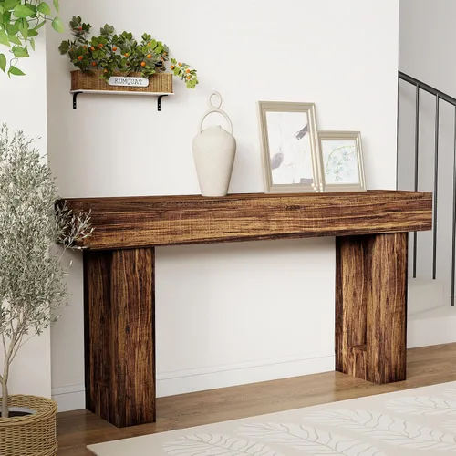 Vista 9 de Spaco Mesa Consola Larga de 63'', Mesa de Entrada Estilo Granja de 2 Niveles Mesa de Sofá con Almacenamiento, Mesa de Madera Detrás del Sofá