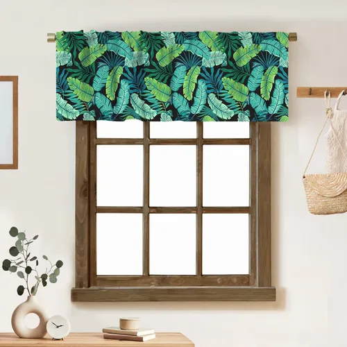 Vista 13 de Cortina de cenefa de hojas verdes tropicales, diseño de hojas de palmera, cenefa con bolsillo para barra, 1 panel, cortinas cortas para cocina