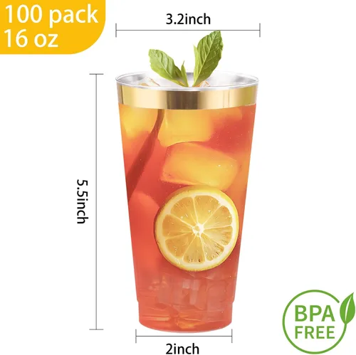 Vista 8 de DaYammi Paquete de 100 vasos de plástico dorados de 16 onzas, elegantes vasos de plástico transparente con borde dorado, desechables, copas de vino