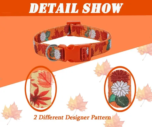Vista 3 de Collar de otoño para perros pequeños, paquete de 2 collares de perro de Acción de Gracias con patrón de arce y flores, ajustable y suave de llevar