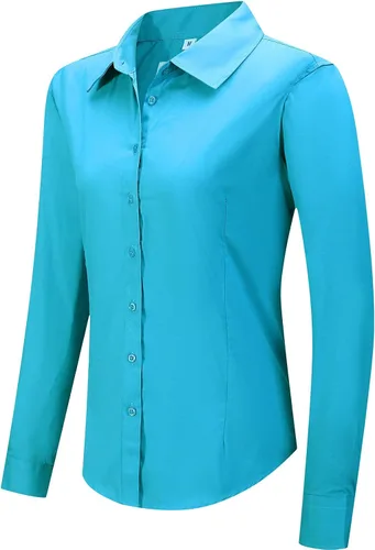 Vista 12 de Blusa de trabajo con botones para mujer, de algodón elástico, manga larga, ajuste delgado
