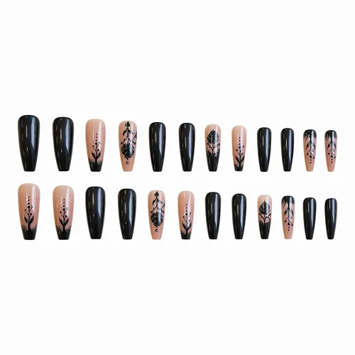 Vista 2 de MISUD Uñas Postizas - Uñas Largas Forma Ataúd con Pegamento en Negro Gótico, Diseño Acrílico Gótico de Rosa 24 piezas