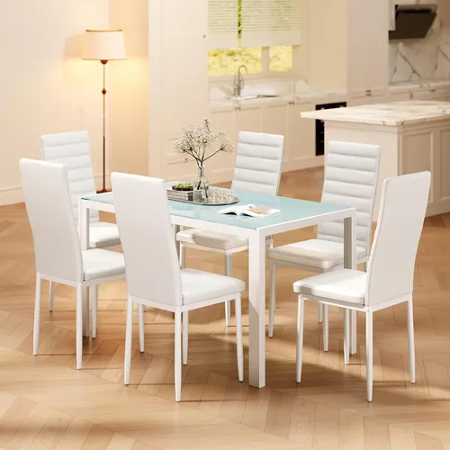 Vista 9 de Bealife - Juego de mesa de comedor de cocina para 6, vidrio templado Blanco