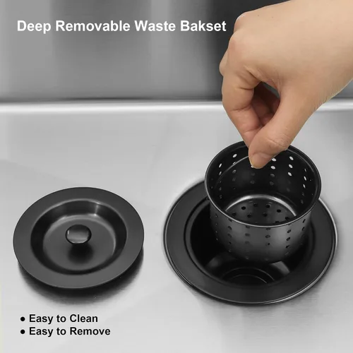 Vista 8 de LQS Conjunto de drenaje para fregadero de cocina, colador de fregadero de cocina con cesta de basura extraíble profunda, colador de cesta de Negro