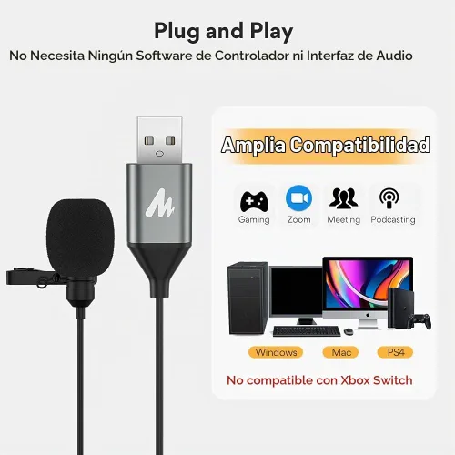 Vista 5 de MAONO Micrófono USB Lavalier, 192KHZ/24BIT Enchufa y usa Omnidireccional Micrófono de solapa Clip de collar de camisa para PC, computadora, Mac