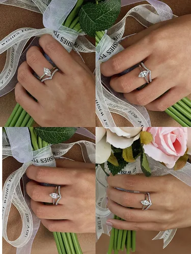 Vista 2 de michooyel S925 - Anillo de compromiso 2 en 1 de 15 quilates corte marquesa para mujer anillo de boda anillo de novia anillo de promesa de plata