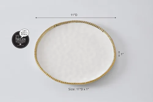Vista 3 de Pampa Bay Plato redondo de porcelana, 11 x 11 pulgadas, tono blanco/dorado, apto para horno y lavavajillas