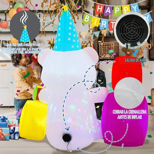 Vista 7 de Caja de regalo de cumpleaños inflable de 6 pies con oso, luces LED incorporadas y luces giratorias de colores, decoración inflable de feliz