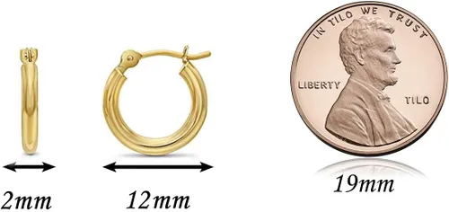 Vista 3 de Pendientes de aro 14K oro clásico amarillo pulido brillante, tubo de 0.07 pulgadas