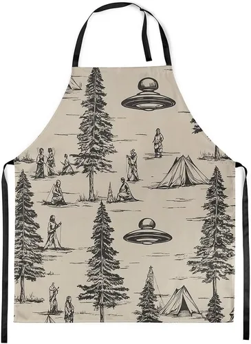 Vista 19 de Castle Fairy Delantal de cocina Alien UFO Retro Jungle Sketch Delantal Blue Black