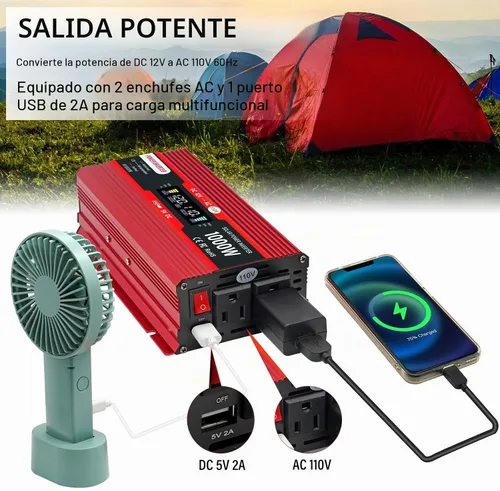 Vista 4 de Inversor de corriente para coche 12V a 110V 1000W/2000W (pico) Inversores de corriente para vehículos, camiones, hogar con salidas CA duales