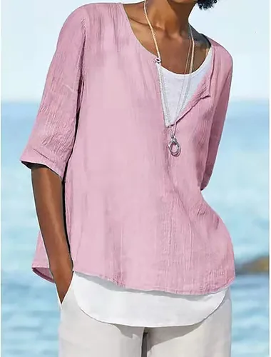 Vista 3 de Blusa de algodón y lino con cuello en V para mujer, media manga, suelta, para verano, color sólido