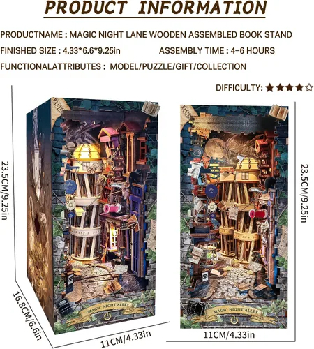 Vista 2 de Spilay - Kit de rincón de libro para adultos, Magic Night Lane DIY Kit de casa en miniatura With Warm LED Light, DIY Wooden Craft for Bookshelf