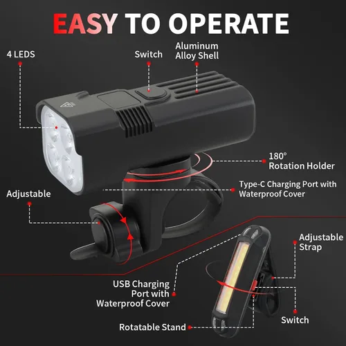 Vista 12 de Bike Light for Night Riding, 2000LM/1000LM Bicycle Headlight & Taillight, Multiple Modes,3000mAh/2000mAh USB C Rechargeable Waterproof LED Bright