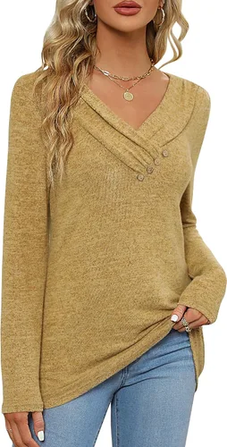 Vista 4 de Blusa casual de manga larga para mujer, para usar con leggings, cuello en V, con botones, estilo casual