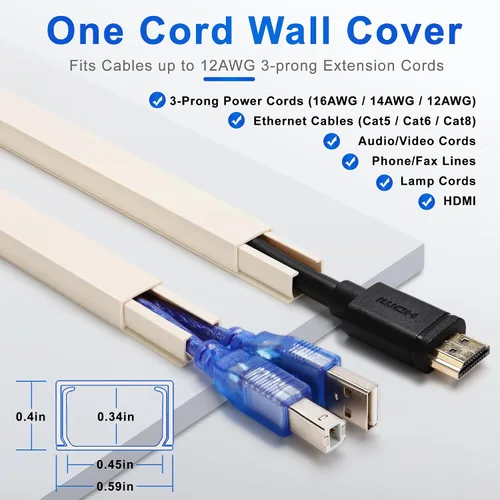 Vista 2 de Ocultacables de Pared para Un Cable, Cubiertas de Cable de Pared de 136 pulgadas, Kit de Cubierta de Cable de Instalación Fácil, Canaleta de Cables