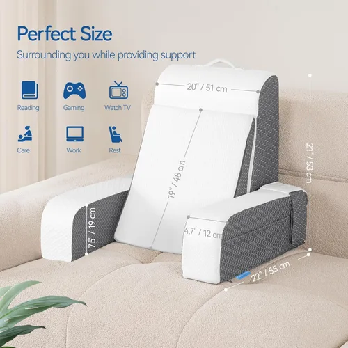 Vista 9 de Kayfia Almohada de lectura, almohada de espalda 10 en 1 para cama sentada con reposabrazos desmontable, almohada de respaldo con espuma