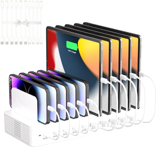Vista 9 de Estación de carga de 100 W para múltiples dispositivos, estación de carga rápida USB de 10 puertos con divisores ajustables y 10 cables, base