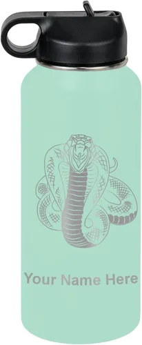 Vista 66 de LaserGram Botella de agua personalizada, serpiente de cobra, acero inoxidable de doble pared aislada al vacío con popote superior, regalo grabado