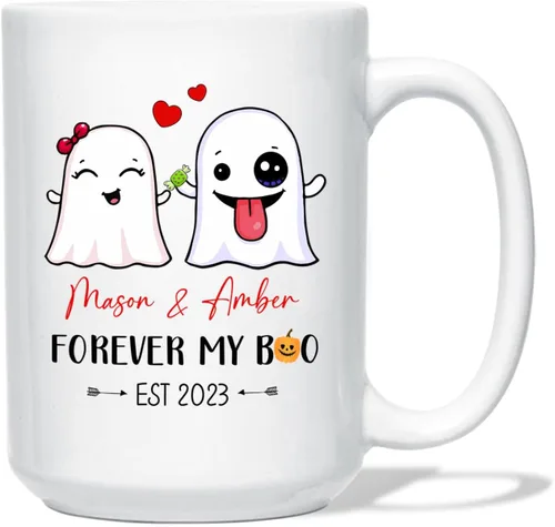 Vista 8 de Taza de café blanca personalizada de Halloween Besties, Besties Forever y 3 tazas de café Boo de 11 onzas y 15 onzas, bonita taza de cerámica Boo