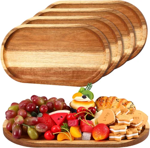 Vista 8 de Yaomiao 4 bandejas de madera de acacia ovaladas de madera rústica, bandeja decorativa grande natural para comida, charcutería, queso, pan, fruta