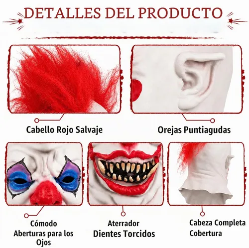 Vista 4 de Máscara de payaso aterrador para adultos, disfraz de terror espeluznante